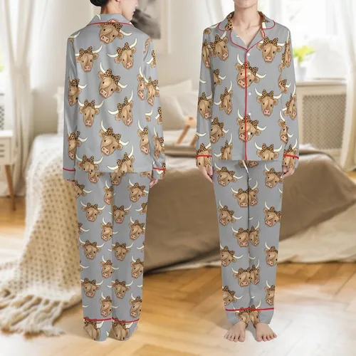 Highland Cow Graphic: Tan Fur Heads, Cream Horns, Leopard Bows, Heather Grey Base Satin Pajamas Set