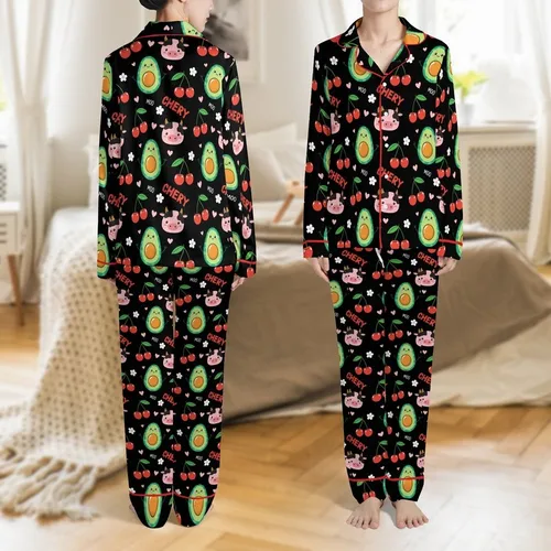 Playful Moo Cherry Avocado Design: Smiling Cow, Red Fruit, Floral Hearts Graphic Satin Pajamas Set
