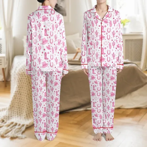 Pink Cowgirl Western Theme: Boots Hats Horseshoes Cactus Stars Lasso White Design Satin Pajamas Set
