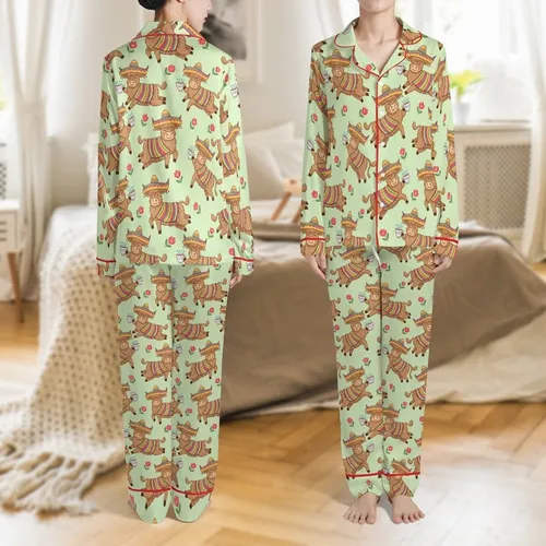 Fluffy Highland Cattle Striped Poncho Sombrero Pink Red Flower Light Green Design Satin Pajamas Set