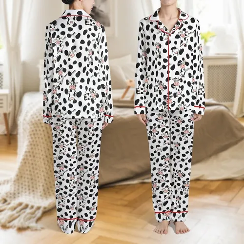 Farm Animal Bovine Pattern: White Field Black Rounded Spots, Pink Snout Brown Hoof Cows, 'Moo' Word Repeat Satin Pajamas Set