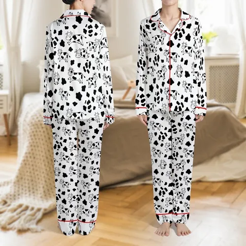 Black & White Cartoon Cow Doodle Outline Spotted Pattern Monochromatic All-Over Print Fabric Satin Pajamas Set