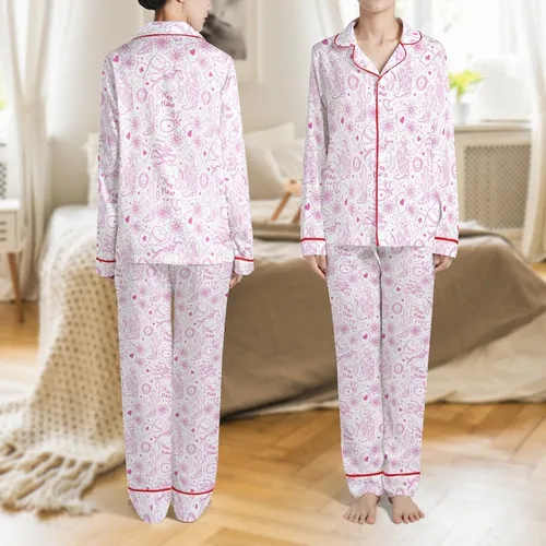 Western Ranch Fuchsia Outline Cowboy Boots Galloping Horses Hats Daisy Cacti Pattern Satin Pajamas Set