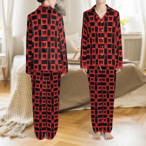 Outdoorsman's All-Over Red Black Buffalo Plaid Pine Tree Bear Head Silhouettes Satin Pajamas Set