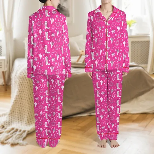 Women's Hot Pink Western Desert Flora Cowboy Boot Hat Design Satin Pajamas Set