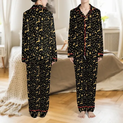 Holiday Deep Black Gold Reindeer Merry Christmas Holly Snowflake Pine Gift Box Design Satin Pajamas Set