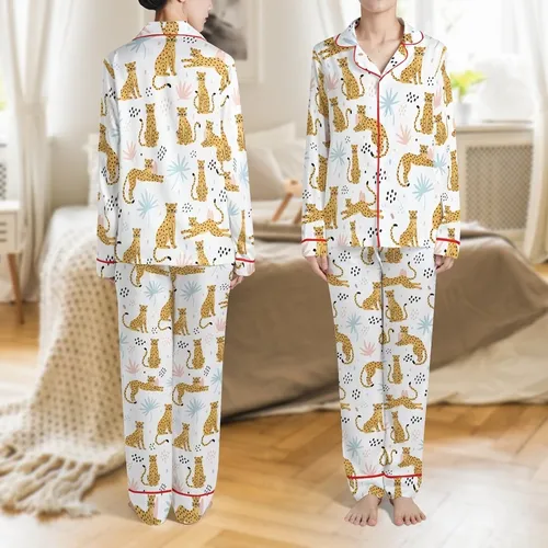 Leopard Ochre Yellow Poses Black Spotted Palm Leaf Light Blue Pink Accent Dots White Design Satin Pajamas Set