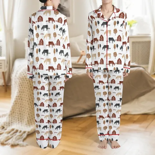 Country Living Farm Scene Stylized Cows Barns Trees Hand-Drawn Textured Motif Satin Pajamas Set