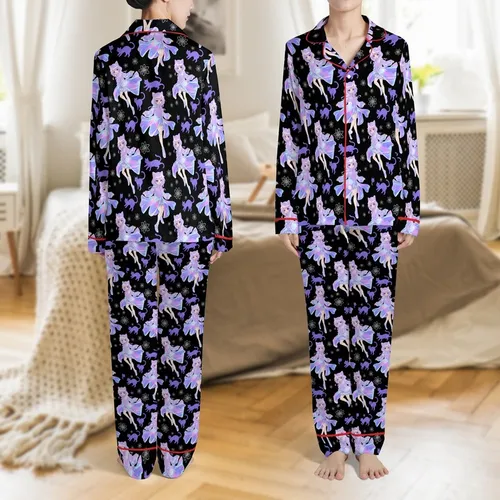 Anime Dreamscape: Iridescent Lavender Cat Girl & Luminous Violet Cats on Black Aesthetic Satin Pajamas Set