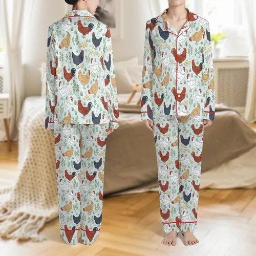 Red Rooster White Hen Indigo Hen Pale Yellow Chick Farmyard Green Foliage Blue-Grey Pattern Satin Pajamas Set