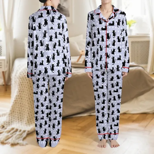 Cat Lover's Black Cartoon Cats Posing Allover Pattern Light Lavender White Polka Dot Motif Satin Pajamas Set