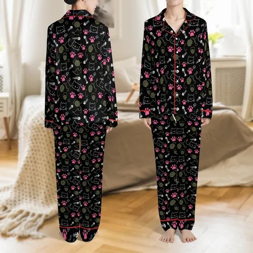 Feline Fan's Whimsical Cat Faces, Pink Paw Prints, White Fish, Muted Yarn Design Satin Pajamas Set