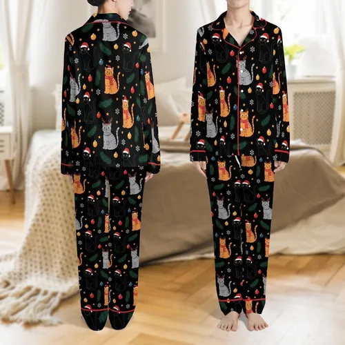 Cat Parent Holiday Pattern: Black Christmas Cats, Pine Branches, Baubles, Snowflakes, Golden Stars Satin Pajamas Set