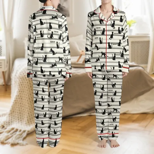 Black Cat Silhouettes Scattered Off-White Light Grey Black Horizontal Stripe Irregular Pattern Satin Pajamas Set
