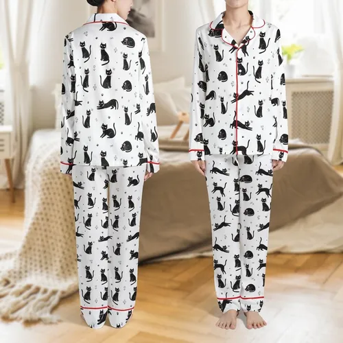 Cat Lover Black Cats Pink Bow Collars Paw Print Floral Outline Bows White Design Satin Pajamas Set