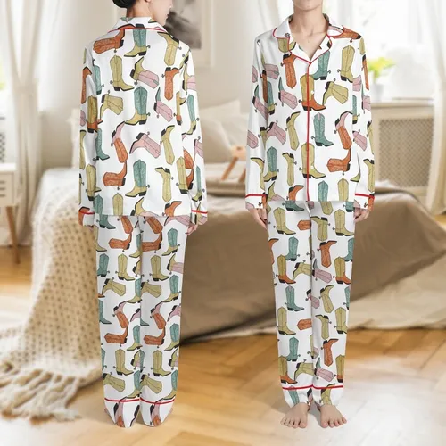 Western Enthusiast Scattered Cowboy Boots Pale Gold Teal Burnt Orange Pastel Pink Tan Motif Satin Pajamas Set