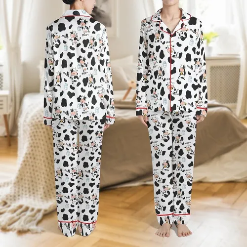 Farm Animal Theme All-Over Black White Cow Spot Cartoon Cows Milk Cartons Design Satin Pajamas Set