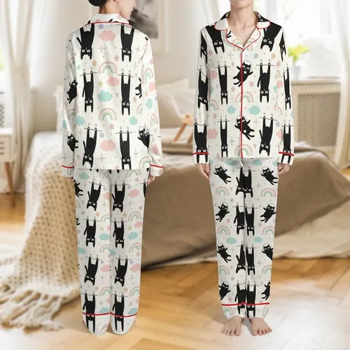 Black Cats Hanging White Paws Headphones Pink Blue Pastel Clouds Rainbow Hearts Stars Design Satin Pajamas Set