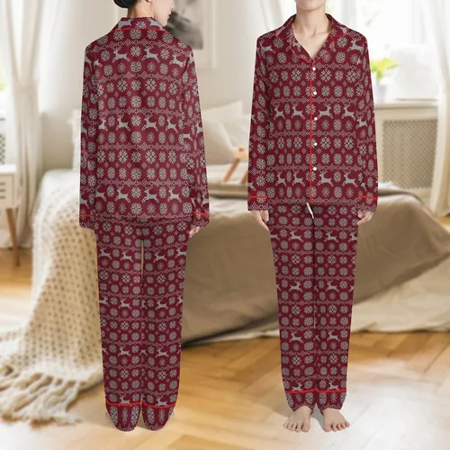 Fair Isle Reindeer Snowflake Geometric Pattern: Crimson Red & Grey Knit Style Design Satin Pajamas Set
