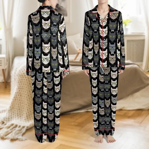 Cat Lover's Eyeglass Bow Tie Feline Heads Pattern Black Background Grey Beige Fur Chartreuse Eyes Satin Pajamas Set
