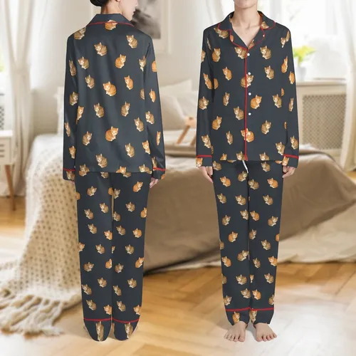 Kitten Lover Deep Charcoal Background Ginger Orange Cream Striped Tabby Cuddling Kittens Satin Pajamas Set