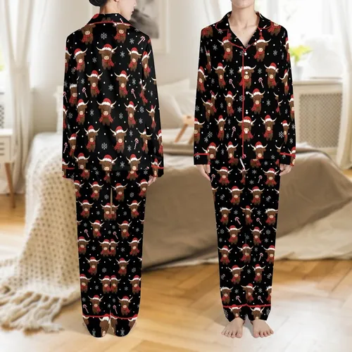 Brown Highland Cows: Red Santa Hats, Plaid Scarves, Snowflakes, Candy Canes Pattern on Black Satin Pajamas Set