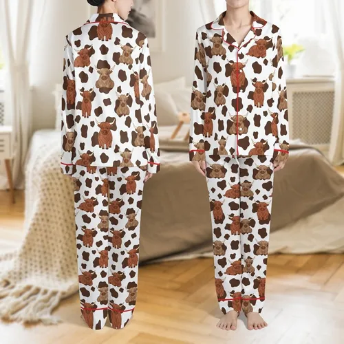 Fluffy Highland Cows: Playful Poses, White Background, Chocolate Brown Spots & Rich Brown Fur Satin Pajamas Set