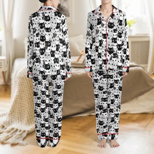 Cat Lover's Densely Packed Black White Grey Tuxedo Patch Cat Faces Pattern All-Over Fabric Design Satin Pajamas Set