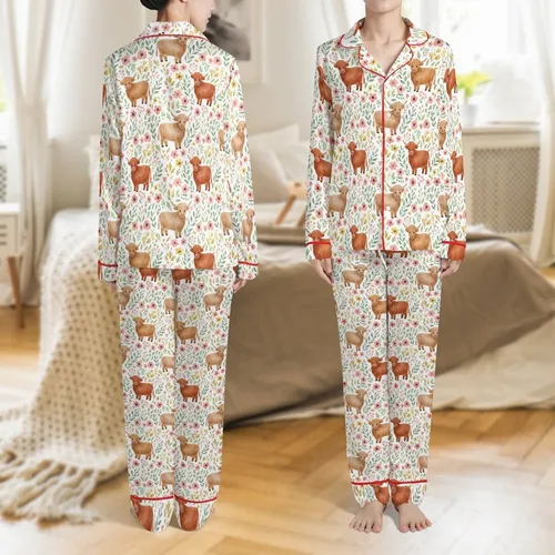 Highland Cow Meadow Floral Design: Reddish-Brown Fluffy Cows & Blush Wildflowers Satin Pajamas Set