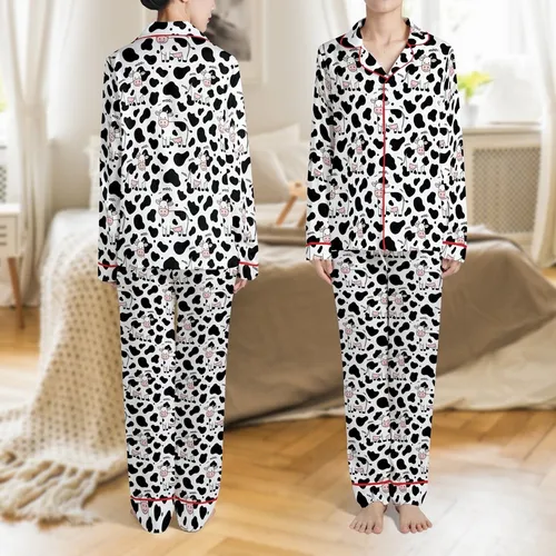 Cow Motif: Stylized Cartoon Cows, Black Spots, Pink Noses, White Background Moo Print Satin Pajamas Set
