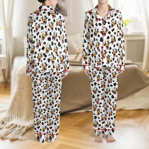 Cartoon Cow Heads Pattern: Wide Eyes, Pink Tongue, Black White Fur, Brown Muzzles, Spots Satin Pajamas Set