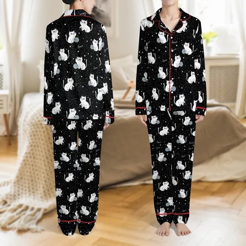 Cat Stargazer's Deep Black Night Sky: White Stars, Tiny Dots, Cartoon Cats, Yarn, Hearts & Love Satin Pajamas Set