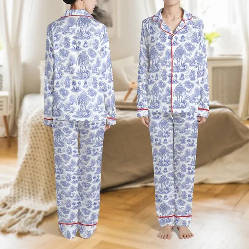 Shih Tzu Dogs Toile De Jouy Blue White Park Landscape Engraved Textile Motif Satin Pajamas Set