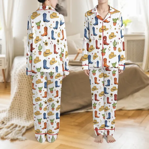 Cowgirl Western Life: Tan Cowboy Hats, Blue Boots, Green Cacti, Pink & Yellow Wildflowers Satin Pajamas Set