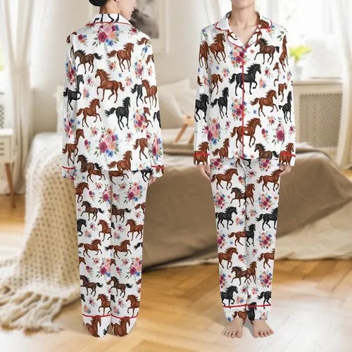 Equestrian Galloping Brown Chestnut Bay Horses Pink Rose Blue Flower Apparel Satin Pajamas Set