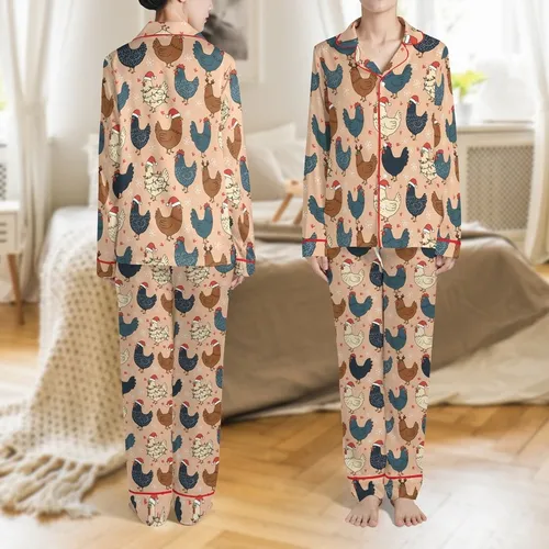 Farm Animal Christmas Design: Scattered Cartoon Fowl with Santa Hats, String Lights, Antlers Satin Pajamas Set