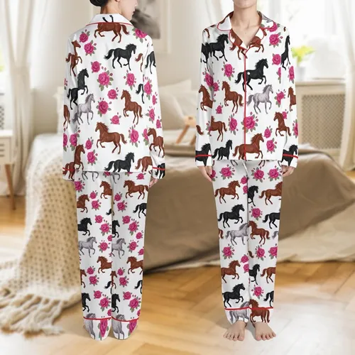 Equestrian Dynamic Horses Pink Rose Blooms: Galloping Bay, Grey, Chestnut, Black, White Ground Satin Pajamas Set