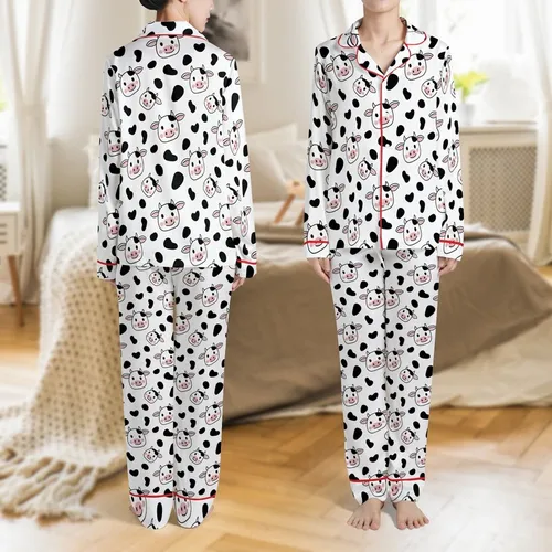 Illustrative Baby Bovine Faces All-Over Pattern Black Spots White Ground Pink Ear Accents Design Satin Pajamas Set
