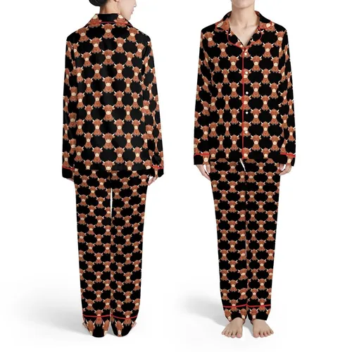 Highland Cow Calves Sitting Repeating Pattern Reddish Brown Fur Cream Horns Muzzle Black Satin Pajamas Set