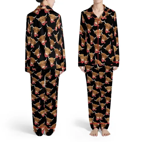 Highland Cow Heads Black Background Red Polka Dot Bandanas Warm Brown Fur Gray Horns Pink Noses Satin Pajamas Set