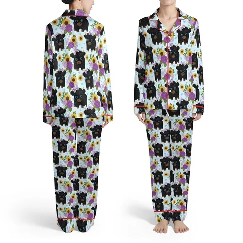 Highland Calves Deep Black Fur Blue Eyes Purple Plaid Bow Golden Sunflower Roses Pattern Satin Pajamas Set