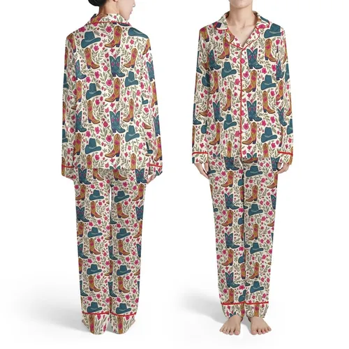 Cowboy Boots & Hats, Fuchsia, Rose Pink Wildflowers, Sage Green Leaves, Cream Off-White Satin Pajamas Set