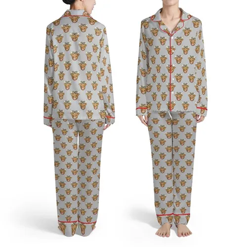 Highland Cow Heads Fawn Tan Brown Cream Horns Leopard Bow Black Spots Heather Grey Pattern Satin Pajamas Set