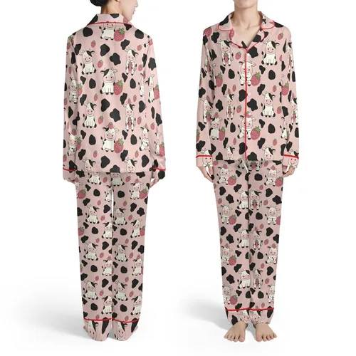 Adult Blush Pink Cow & Strawberry Pattern: Black Outline White Cows, Strawberry Hats, Cow Spots Satin Pajamas Set