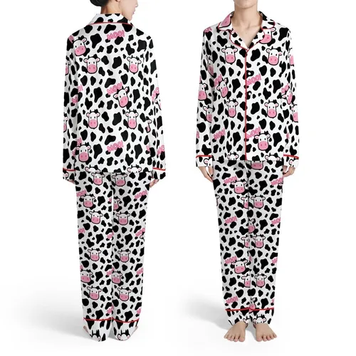 Farm Animal Design: Irregular Black Cow Spots, Pink Nosed Cartoon Cow Heads & Bubblegum MOO! Satin Pajamas Set