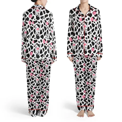 Black & White Cow Spot Design with Cartoon Cow Faces, Milk Splashes & Pink Organic Shapes Satin Pajamas Set