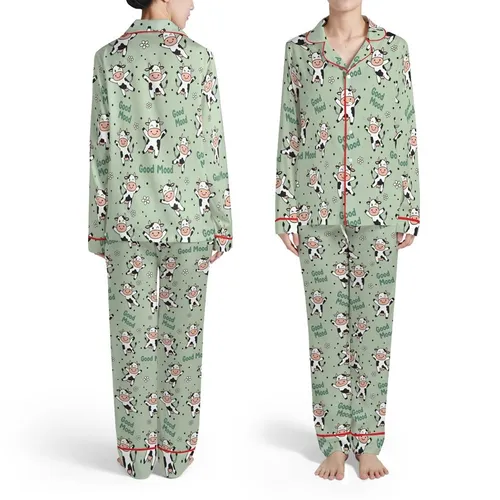 Dancing Winking Cartoon Cows Sage Green Good Mood Polka Dot Daisy Pattern Satin Pajamas Set