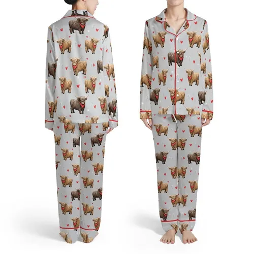 Highland Cow Lover: Fluffy Brown Tan Cows, Red Bandanas, Small Heart Details Satin Pajamas Set