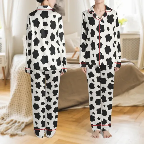 Cow Print Enthusiast: Off-White Black Organic Spot Pattern All-Over Seamless Hand-Drawn Design Satin Pajamas Set
