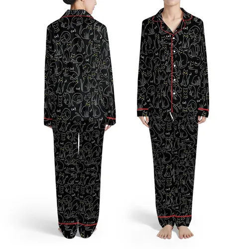 Cat Lover Black Cats Hand-Drawn White Outline Yellow Eye 'Cat' Lettering Design Satin Pajamas Set